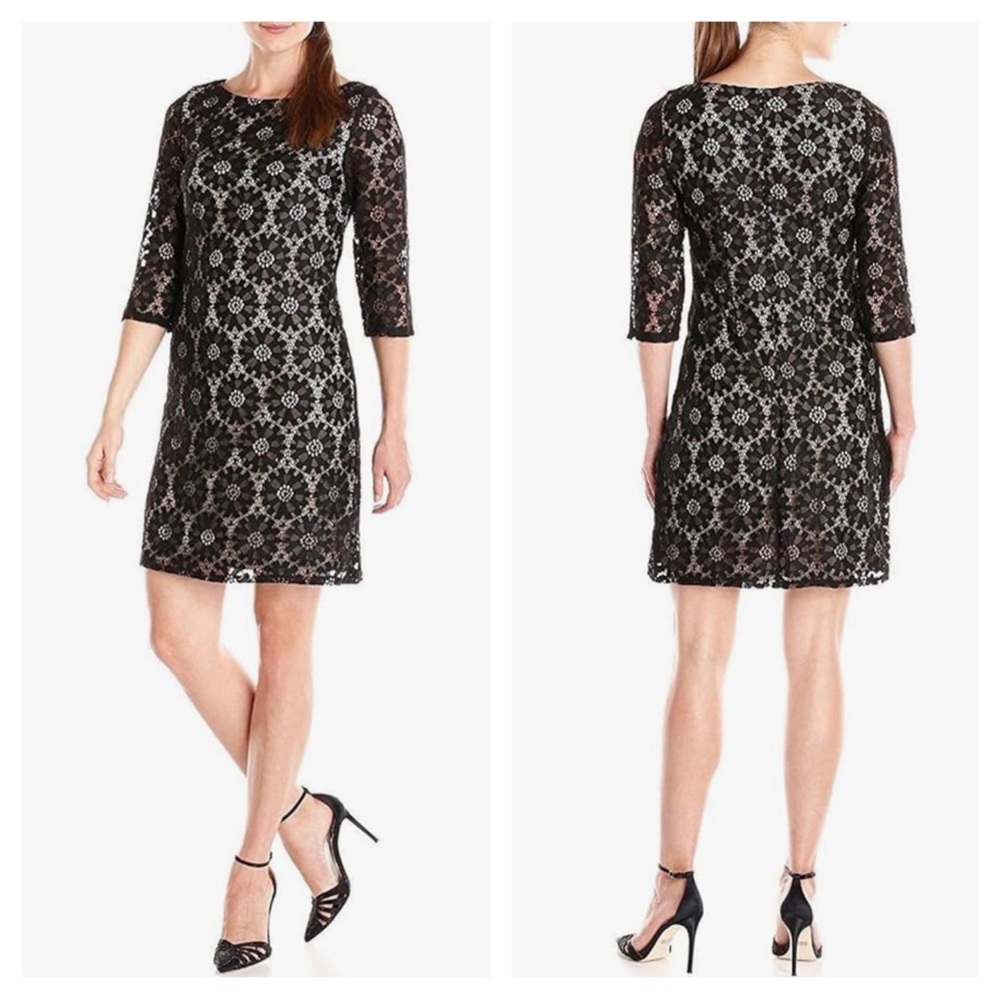 Jessica Howard Black & Nude Lined All Over Lace Shift Dress Size 6 NEW